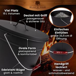 Produktbild für Ascheeimer Black-Oak Vesuvio, schwarz, mit Holzgriff &amp; Deckel