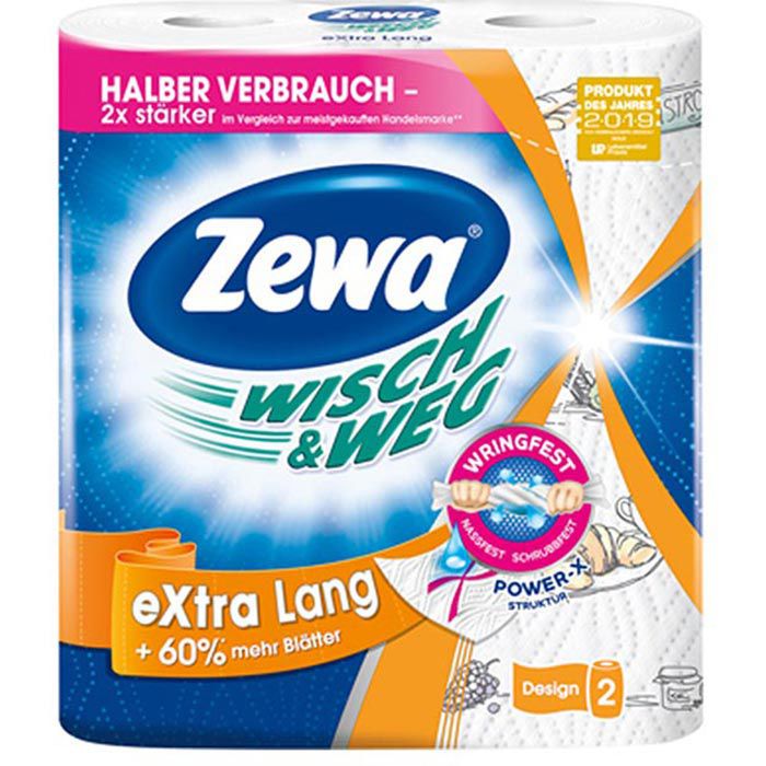 Zewa Küchenrolle Wisch & Weg extra lang, 2-lagig, weiß, je 72 Blatt, 60%  mehr Blätter, 2 Rollen – Böttcher AG
