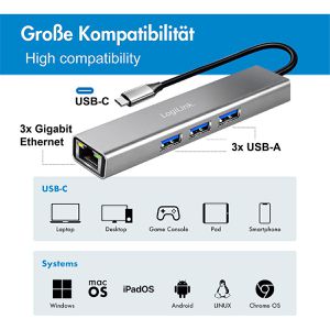 Produktbild für USB-Hub LogiLink UA0461, silber, mit LAN