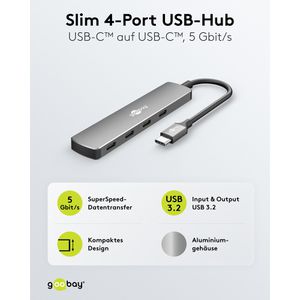 Produktbild für USB-Hub Goobay Slim 4-Port 79160, grau, mit Metallgehäuse