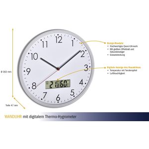 Produktbild für Wanduhr TFA 60.3048.02, Kunststoff, analog, Quarzuhr