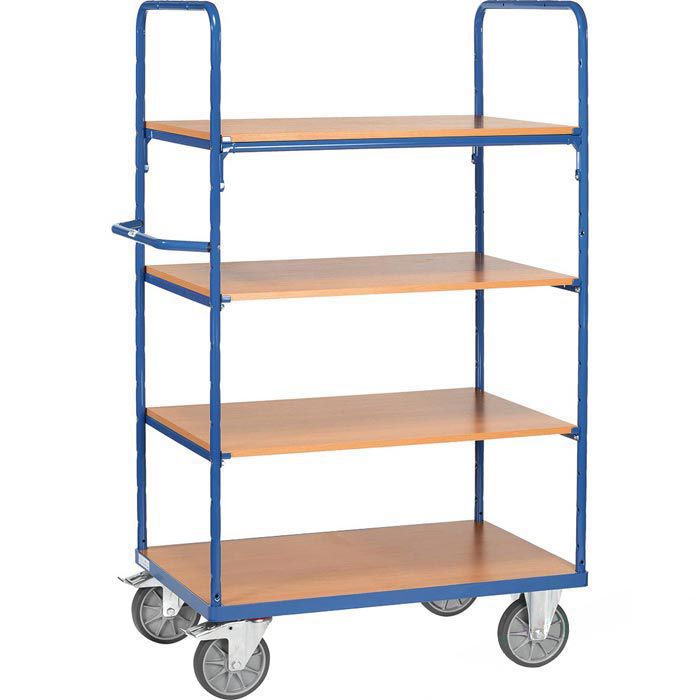 Fetra 8411 Etagenwagen – 4 Etagen, Drahtgitter, 1000x600 Mm, Blau (RAL5007) – Pulverbeschichtet, 1 Fester + 3 Flexible Holz-Einlegeböden (Buchendekor)