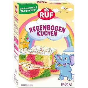 RUF Kuchenbackmischung Regenbogen-Kuchen, für Backblech, mit Glasur und Zuckerdekor