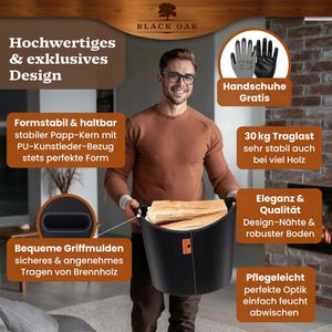 Produktbild für Kaminholzkorb Black-Oak Dakota L, mit Handschuhen, schwarz
