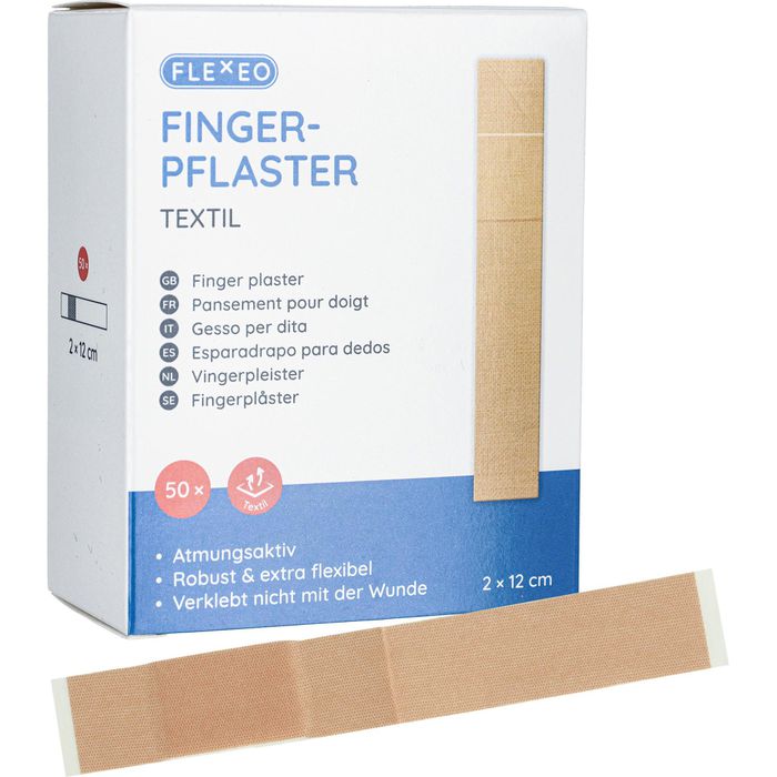 Flexeo Pflaster Fingerpflaster Textil, 50 Strips, elastisch, atmungsaktiv,  12 x 2cm – Böttcher AG