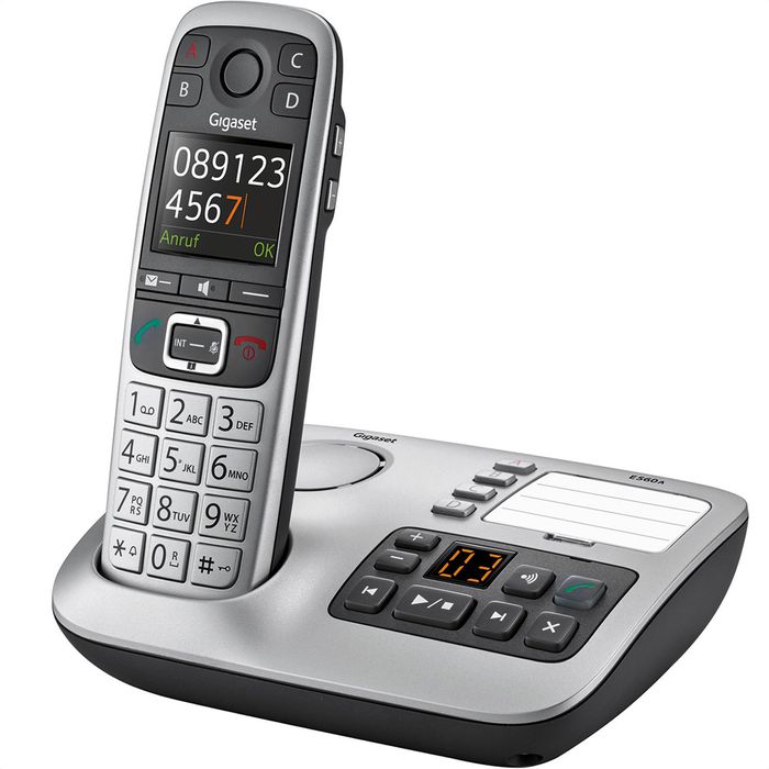 Gigaset Telefon – schnurlos, Böttcher E560A, AG Anrufbeantworter mit platin, Großtastentelefon