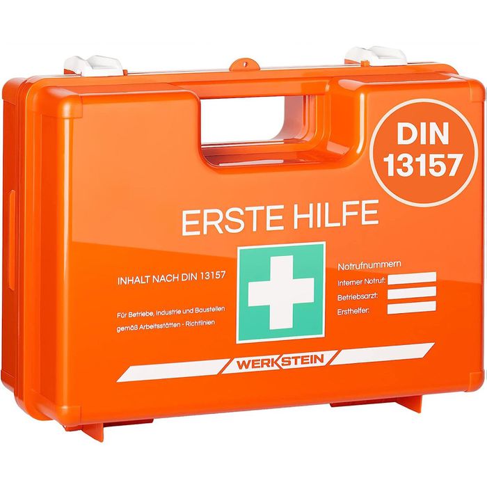 Betriebs Verbandskasten DIN 13157, Erste Hilfe Behälter mit Wandhalterung,  grün, orange, schwarz