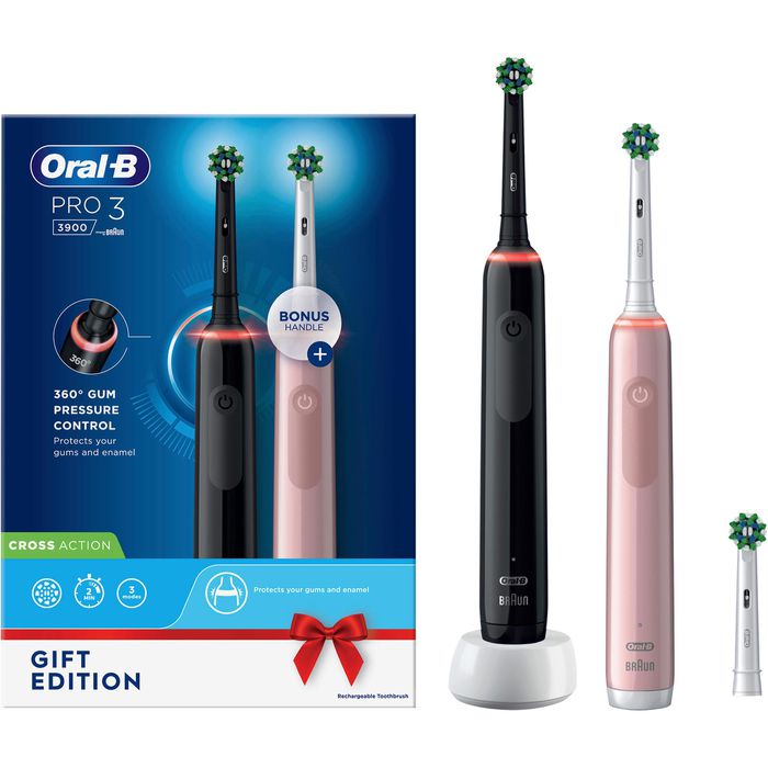 Oral-B Elektrische-Zahnbürste Pro 3 3900 Duo Pink, Cross Action, 3 Putzmodi,  mit 2 Zahnbürsten – Böttcher AG