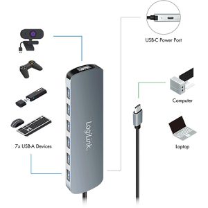 Produktbild für USB-Hub LogiLink 7-Port UA0457, grau, mit Metallgehäuse