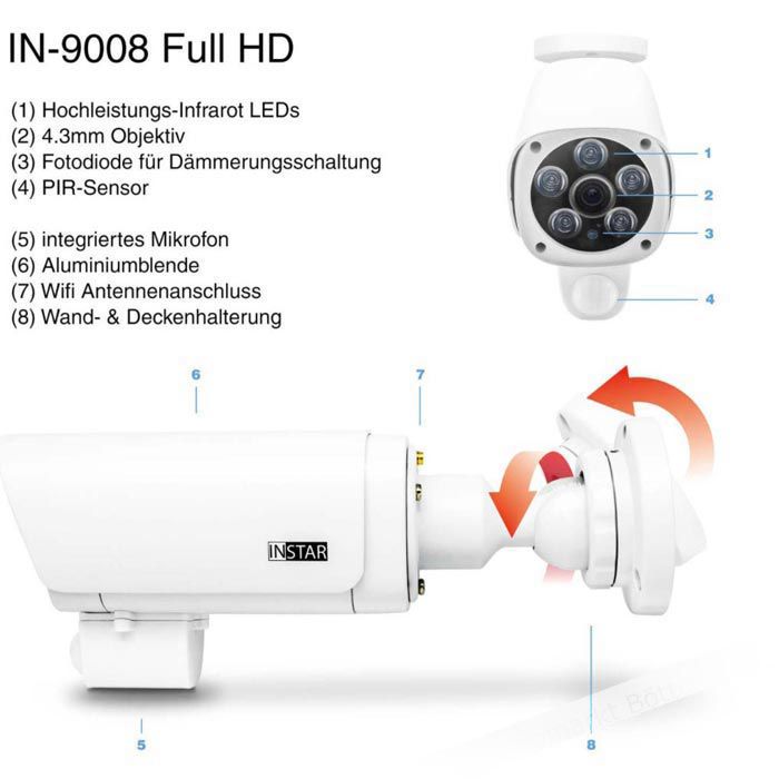 INSTAR IP-Kamera IN-9008 WLAN outdoor weiß, 1080p, 2MP, Nachtsicht, PIR