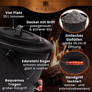Produktbild für Ascheeimer Black-Oak Santorini, schwarz, Holzgriff &amp; Deckel