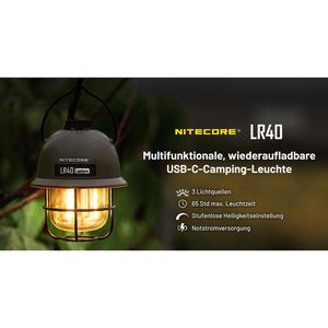 Nitecore Campinglampe LR40 grün LED dimmbar, 100 Lumen, Akku, USB,  Powerbank – Böttcher AG