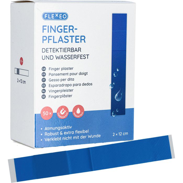 Flexeo Pflaster Fingerpflaster, 50 Strips, detektierbar, wasserfest, blau,  12 x 2cm – Böttcher AG
