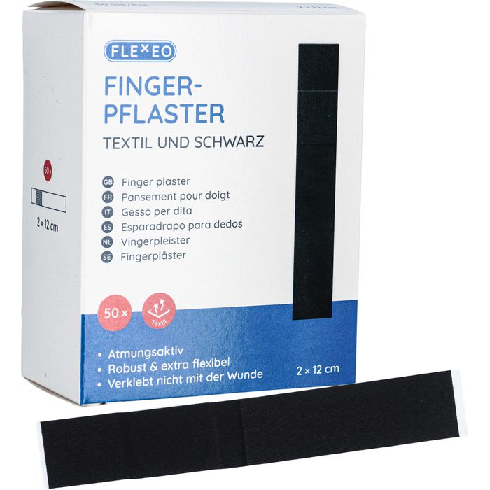 Flexeo Pflaster Fingerpflaster Textil, 50 Strips, elastisch, atmungsaktiv,  schwarz, 12 x 2cm – Böttcher AG