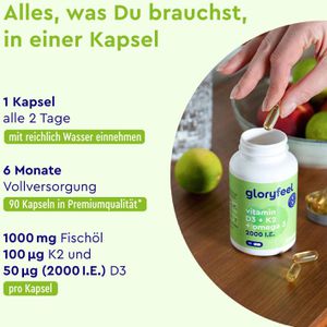 Produktbild für Omega-3 gloryfeel hochdosiert, Vitamin D3 &amp; K2, 90 Kapseln