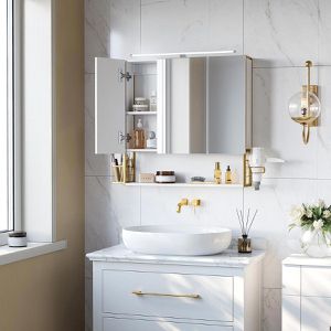 Produktbild für Spiegelschrank Vasagle BBK124A10, weiß-gold