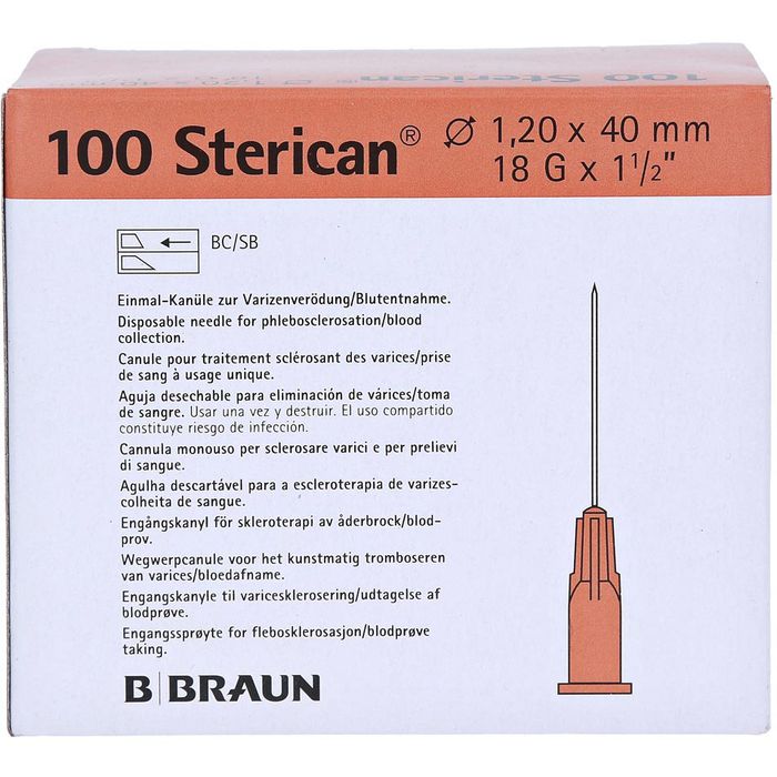 B.Braun Kanüle Sterican, 100 Stück, 18G X 1,5 Zoll, 1,20 X 40mm, Spitz ...