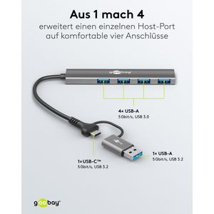 Produktbild für USB-Hub Goobay 2in1 Slim, 79149, grau, mit Metallgehäuse