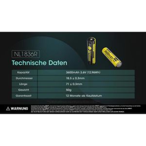 Produktbild für Akku Nitecore NL1836R, 3,6 V, 3600 mAh