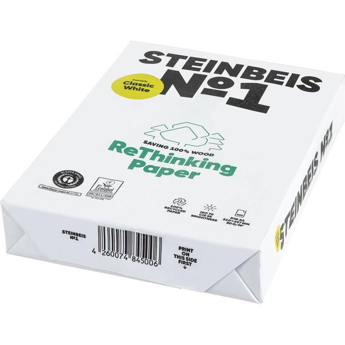 Steinbeis Classic A4 Printer Paper White 100% Recycled 80 gsm Smooth 500  Sheets