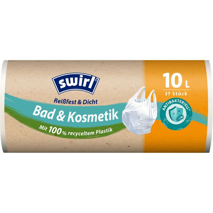 Swirl Müllbeutel Bad & Kosmetik, 10 Liter, mit Tragegriffen,  antibakteriell, weiß, 37 Stück – Böttcher AG