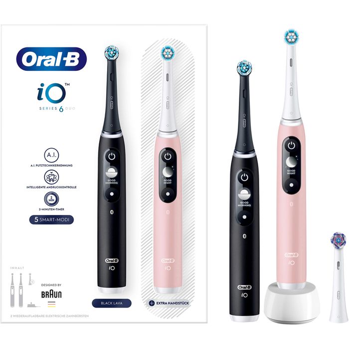 Oral-B Elektrische-Zahnbürste iO Series 6, Duopack, Black/Pink, 5 Putzmodi,  mit 2 Zahnbürsten – Böttcher AG