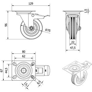 Produktbild für Möbelrolle SO-TECH 137642, mit Anschraubplatte, 4-teilig