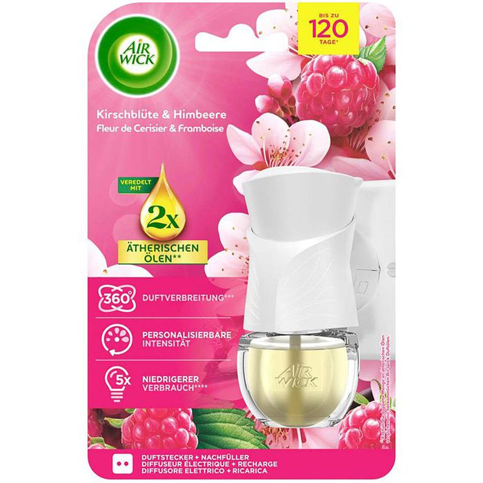 Airwick Raumduft Duftstecker, Duftölflakon, 19 ml, Starterset, ätherische Öle, Kirschblüte & Himbeere – Böttcher AG