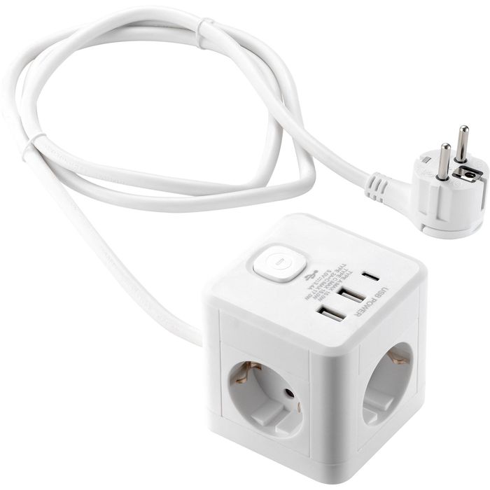 McPower Steckdosenwürfel 1300667, mit Schalter, weiß, 3-fach Schutzkontakt, 2x USB-A, 1x USB-C, mit 1,5 m Kabel – Böttcher AG