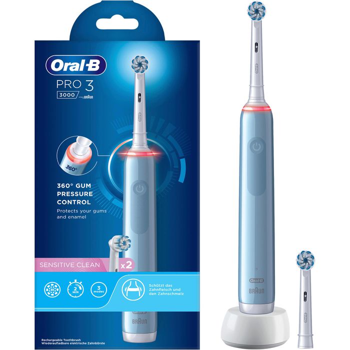 Clean, Elektrische-Zahnbürste – 2 Böttcher mit AG 3 Aufsteckbürsten Sensitive Oral-B 3 3000, Putzmodi, blau, Pro