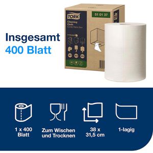 Produktbild für Putztuchrolle Tork exelCLEAN, W1 / W2 / W3, aus Vlies, weiß