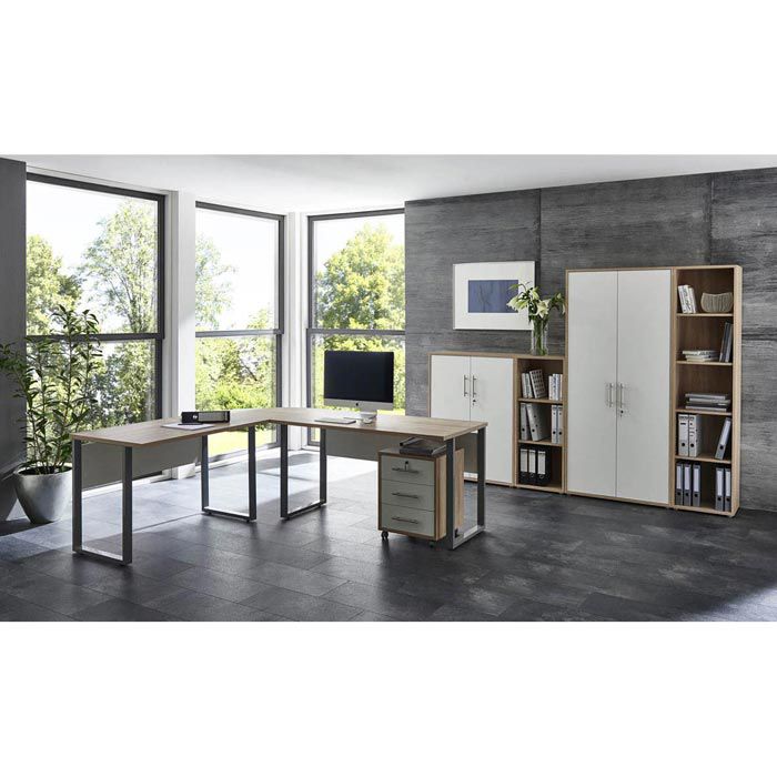 Schrank... 4, Büromöbel-Set Schreibtisch, Office eiche/weiß, BMG-Möbel – 6-teilig, Rollcontainer, Tabor AG Böttcher