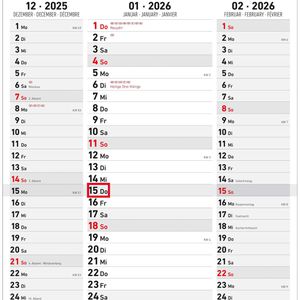 Produktbild für 3-Monatskalender Zettler 955, mit Ferienübersicht, Jahr 2026