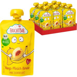 FruchtBar Fruchtpüree Quetschie, 100% Frucht, BIO, Mango, Pfirsich und Banane, je 100 g, 8 Stück