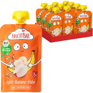 FruchtBar Fruchtpüree Quetschie, 97% Frucht, BIO, Apfel, Banane und Hafer, je 100 g, 8 Stück