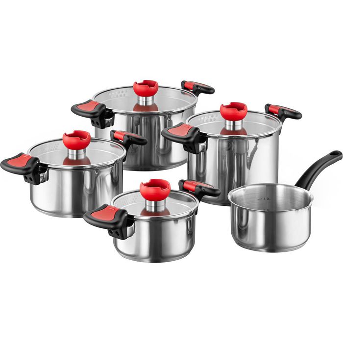 Kopf Topfset Nelo 123811, Edelstahl, induktionsgeeignet, mit 4 Glasdeckeln, 5-teilig – Böttcher AG