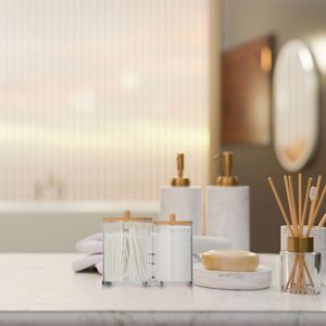 Produktbild für Wattestäbchenbehälter Relaxdays transparent, mit Bambusdeckel