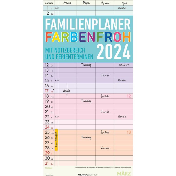 Mama AG Familienplaner-Buch A5 2024 – Roter Terminkalender Mit 5 Spalten, Schulferien & Tipps