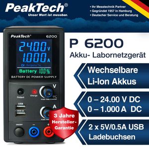 Produktbild für Labornetzteil PeakTech P 6200, Akku-Labornetzeil, LCD &amp; USB-A