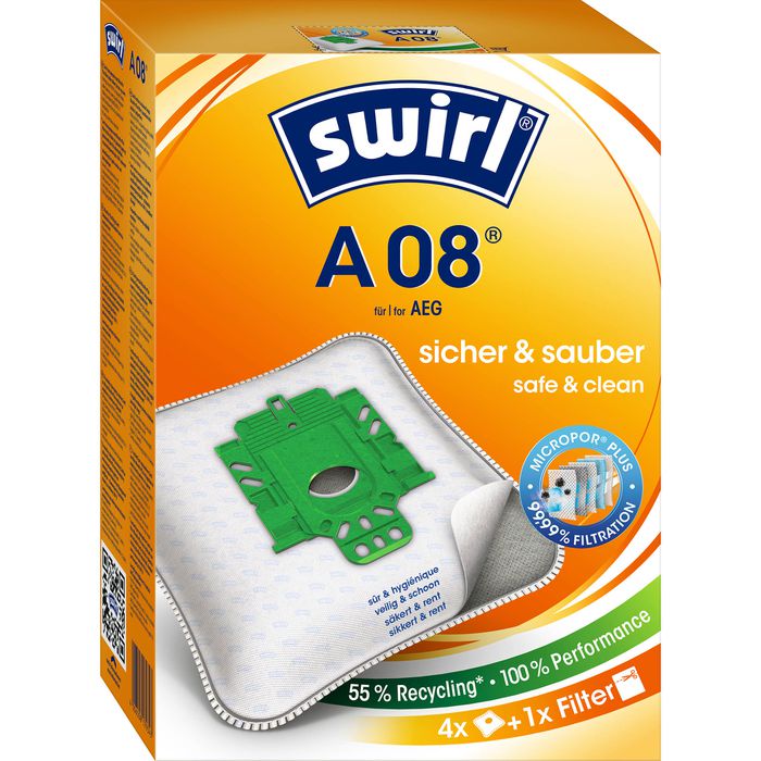 Swirl Staubsaugerbeutel A 08 (A 09) MicroPor Plus, mit Ersatzfilter, für Staubsauger AEG, 4 Stück – Böttcher AG