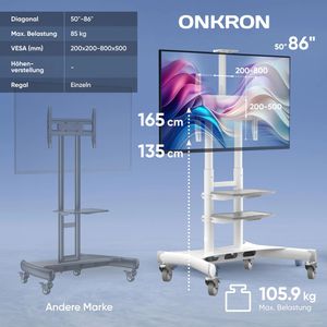 Produktbild für TV-Ständer Onkron TS1881-W, mit Ablage &amp; Rollen, weiß, Metall