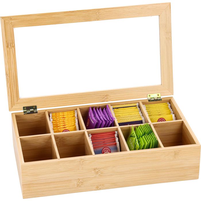 Zeller Teebox 25361, fr Teebeutel, natur, aus Bambus, mit Sichtfenster und  Klappdeckel, 36 x 20 x 9 cm, 10 Fcher  Bttcher AG