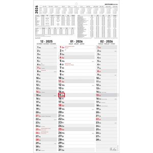 3-Monatskalender Zettler 955, mit Ferienübersicht, Jahr 2026