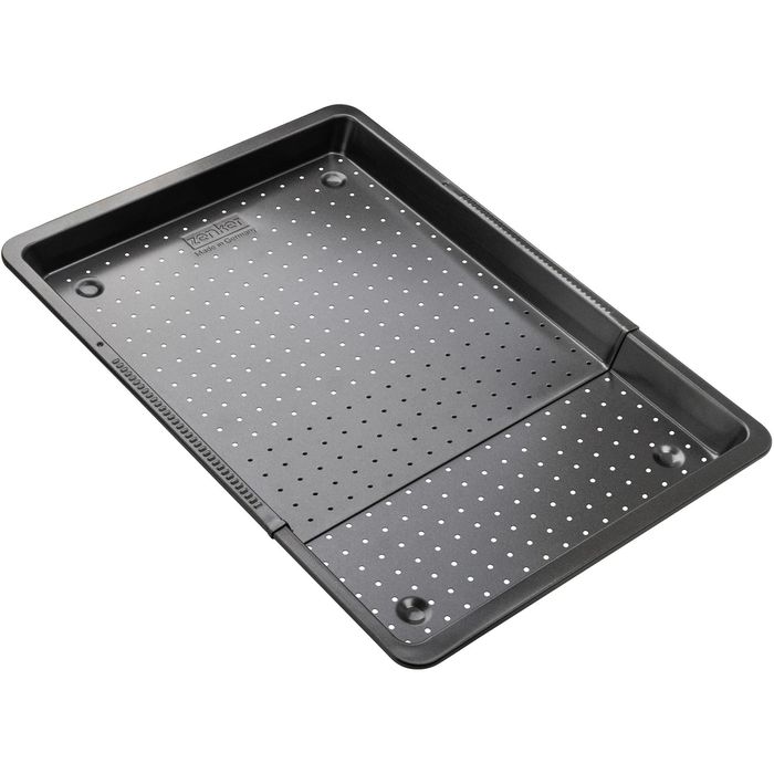 Zenker Backblech Black Metallic, schwarz, gelochtes Stahlblech, 37-52 x 33 cm, Rand 3 cm hoch, antihaftbeschichtet, ausziehbar – Böttcher AG