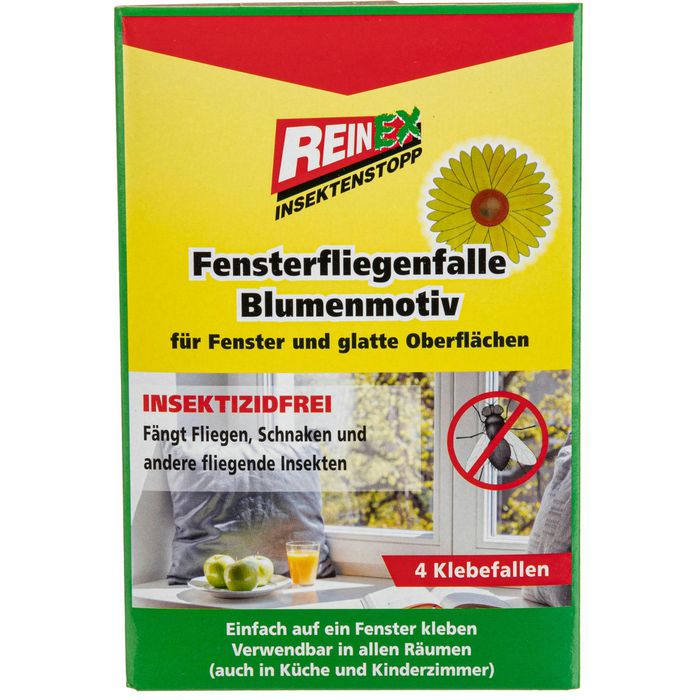 Reinex Fliegenfalle Blumenmotiv, für Fenster, Klebestreifen, 4 