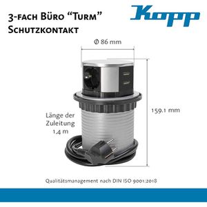 Produktbild für Einbausteckdose Kopp Turm, mit 1,4 m Kabel, versenkbar