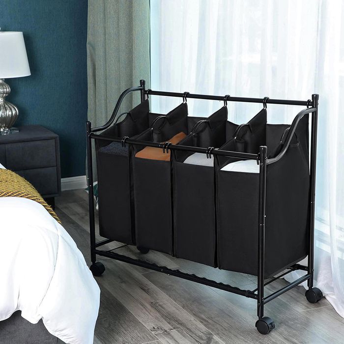 Songmics Wäschekorb LSF005, schwarz, 4 Fächer, aus Polyester, 87,5 x 81