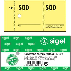 Nummernblock Sigel Garderobennummern GN500