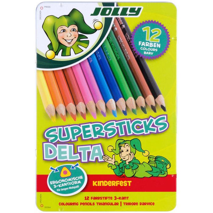 Jolly Buntstifte Supersticks Delta 3003-0013 kinderfest sortiert im Metalletui 12 Stück