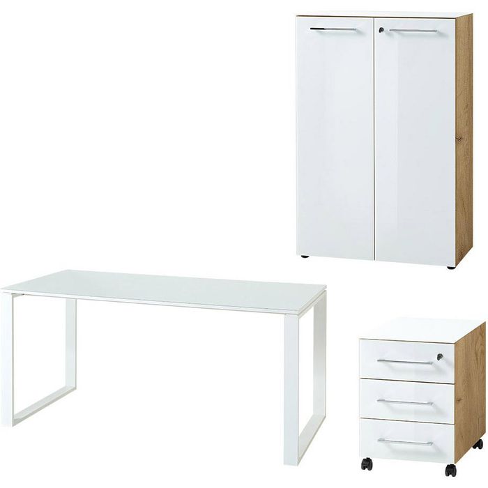 Germania Büromöbel-Set Monteria, weiß/eiche, 3-teilig, Schreibtisch
